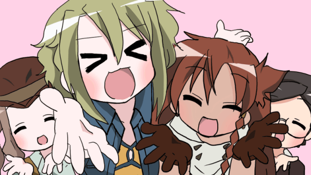 fmy, koganei chizuru, ellis, ellis (el cazador de la bruja), jody hayward, lirio, nadie, el cazador de la bruja, lucky star, motteke! serafuku, bad id, bad pixiv id, > <, 4girls, asymmetrical hair, closed eyes, long hair, multiple girls, open mouth, parody