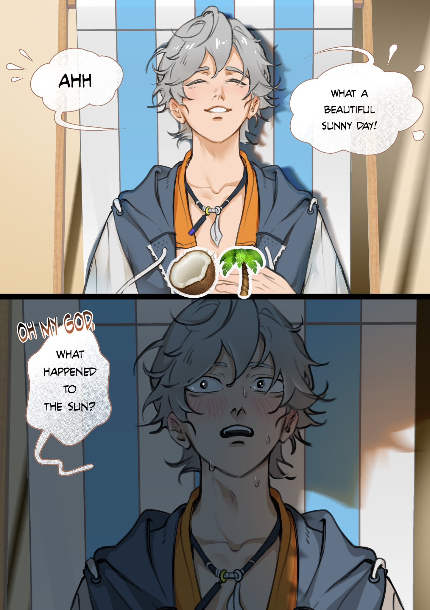 purrana, komano manato, wise (peaceful waves) (zenless zone zero), wise (zenless zone zero), zenless zone zero, commentary, english commentary, highres, 2boys, beach, blue jacket, blue wetsuit, blush, chair, coconut, collarbone, emoji, english text, hair between eyes, implied yaoi, jacket, jewelry, looking at another, lounge chair, lying, male focus, multiple boys, necklace, on back, open mouth, palm tree, sand, shadow, smile, speech bubble, sweat, teeth, towel, tree, upper teeth only