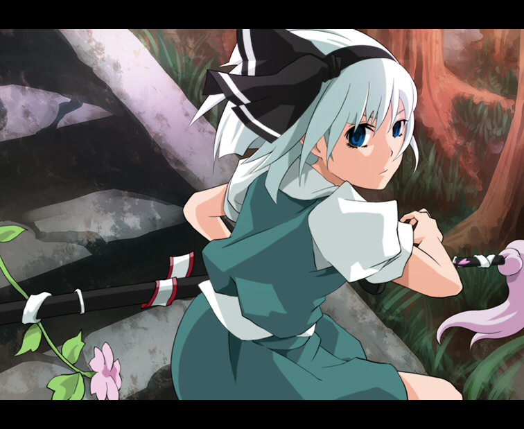 dain, konpaku youmu, touhou, bad id, bad pixiv id, 1girl, blue eyes, female focus, fighting stance, flower, forest, hairband, katana, letterboxed, nature, plant, ready to draw, sheath, sheathed, short hair, skirt, solo, sword, weapon, white hair
