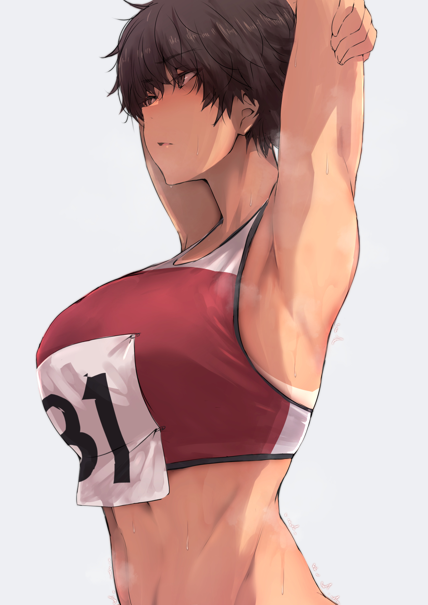 alpha-type, original, highres, 1girl, armpits, arms up, breasts, brown eyes, brown hair, large breasts, looking ahead, race bib, short hair, solo, sports bra, tomboy, upper body