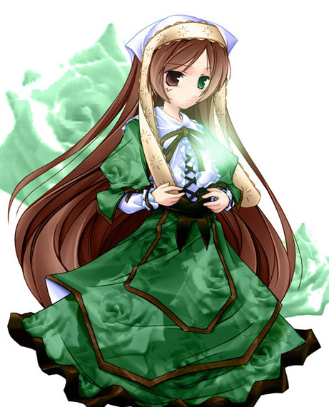 suiseiseki, rozen maiden, tagme, 00s, flower, headscarf, heterochromia, long hair, rose, solo, very long hair, white headscarf