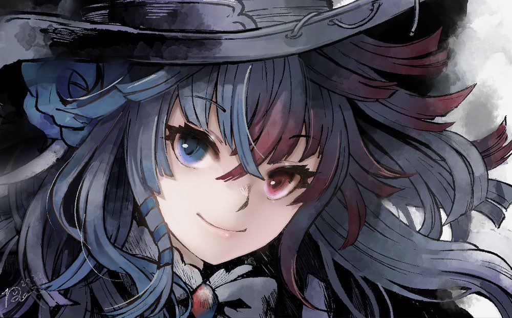 ren-co, romancing saga re;universe, saga, commentary request, 1girl, black hat, blue eyes, blue flower, blue hair, blue rose, blunt ends, brooch, crossed bangs, dated, flower, grey background, hair flower, hair ornament, hair ribbon, hat, heterochromia, jewelry, long hair, looking at viewer, multicolored hair, portrait, red eyes, red hair, ribbon, rose, smile, solo, tress ribbon, two-tone hair