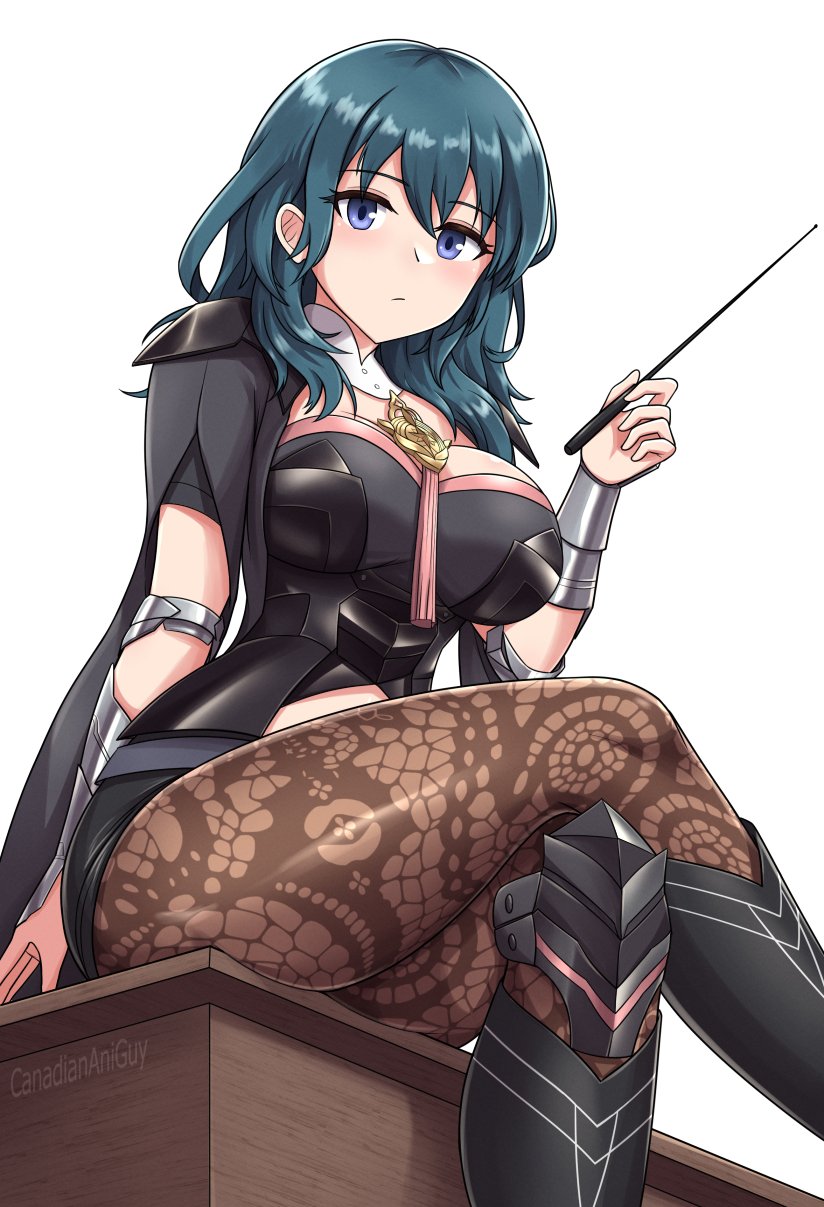 canadiananiguy, female byleth (fire emblem), fire emblem, fire emblem: three houses, nintendo, highres, 1girl, armlet, armor, ass, black armor, blue eyes, blue hair, blush, bodice, breasts, bustier, cape, cleavage, closed mouth, clothing cutout, crossed legs, deep skin, desk, expressionless, from below, hair between eyes, holding, holding pointer, jewelry, lace pantyhose, large breasts, long hair, looking at viewer, looking down, medium hair, narrow waist, navel cutout, on desk, pantyhose, pantyhose under shorts, patterned legwear, pointer, print pantyhose, shorts, simple background, sitting, solo, thick thighs, thighs, turtleneck, vambraces, white background, wide hips