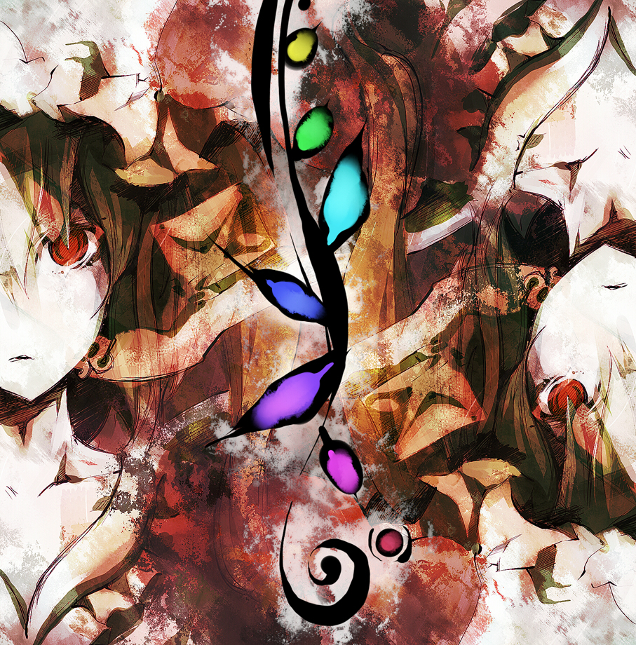 dain, flandre scarlet, touhou, bad id, bad pixiv id, 1girl, blonde hair, female focus, hat, mob cap, red eyes, rotational symmetry