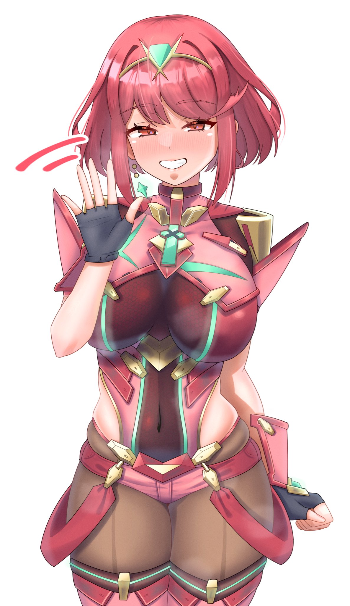 meipasuye, pyra (xenoblade), nintendo, super smash bros., xenoblade chronicles (series), xenoblade chronicles 2, highres, 1girl, armor, black gloves, blush, bob cut, breasts, chest jewel, core crystal (xenoblade), earrings, fingerless gloves, floating earrings, full-face blush, gloves, grin, half-closed eyes, impossible clothes, jewelry, large breasts, pantyhose, pantyhose under shorts, red eyes, red hair, red shorts, short hair, short sleeves, shorts, shoulder armor, smile, solo, suspenders, swept bangs, thighhighs, thighhighs over pantyhose, tiara, waving