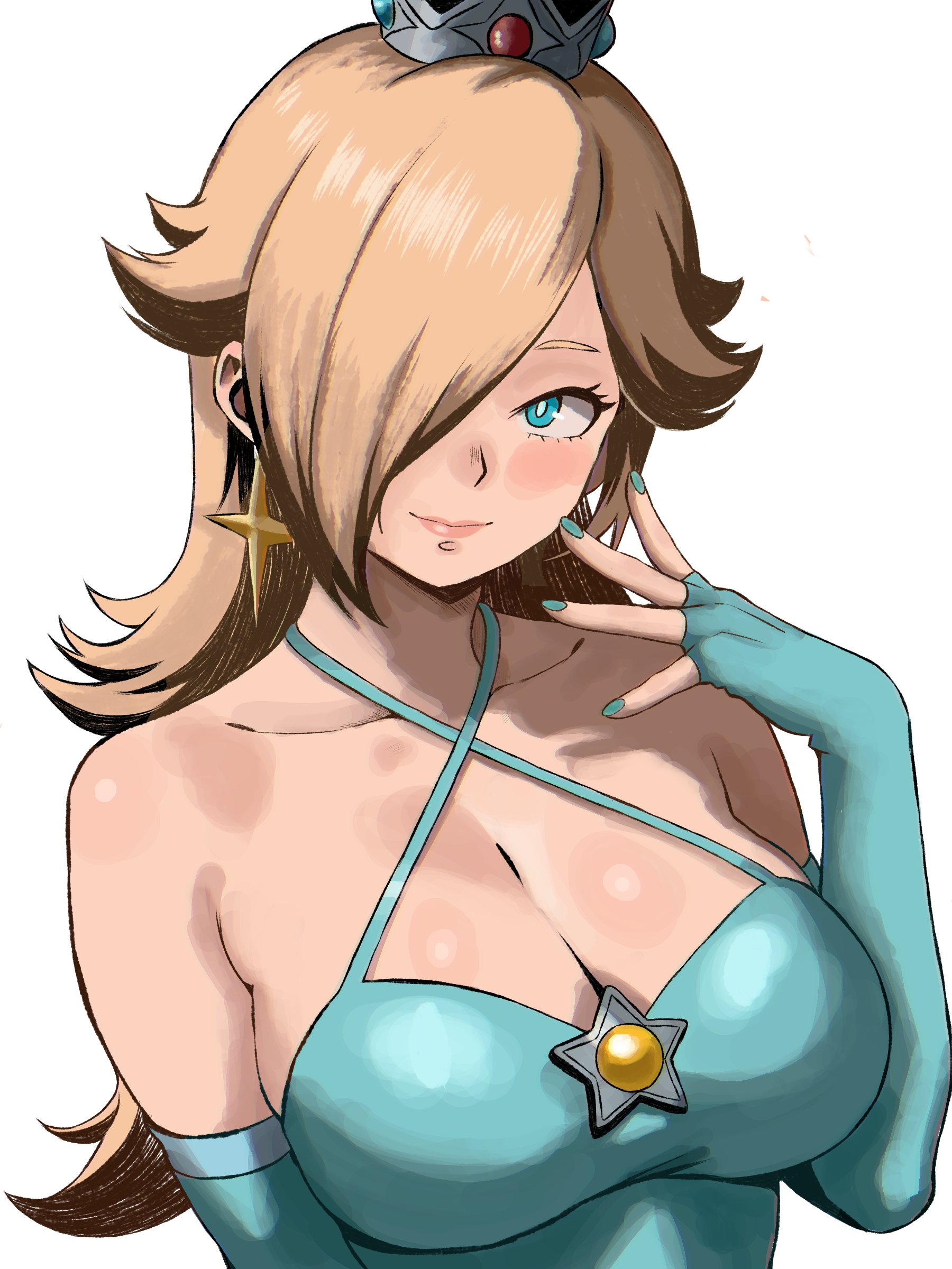enji masterpie, rosalina, mario (series), nintendo, absurdres, highres, 1girl, alternate breast size (larger), bare shoulders, blonde hair, blue eyes, breasts, cleavage, collarbone, crown, earrings, elbow gloves, gloves, hair over one eye, jewelry, large breasts, long hair, solo, star (symbol), star earrings