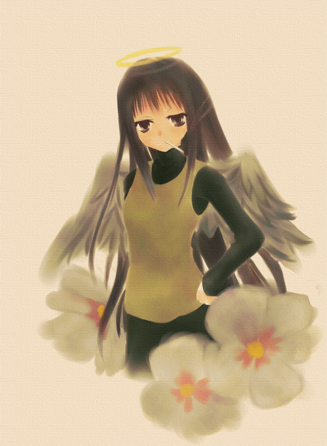 yuku (pixiv165145), reki (haibane renmei), haibane renmei, bad id, bad pixiv id, 00s, black eyes, black hair, cigarette, flower, halo, smoking, solo, traditional halo, wings