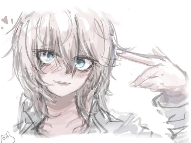 kawamochi (kawauti919), anastasia (idolmaster), moomintroll, idolmaster, idolmaster cinderella girls, moomin, 1girl, :d, arm up, blue eyes, collarbone, cropped torso, finger to head, grey shirt, hair between eyes, heart, long sleeves, looking at viewer, open mouth, puffy long sleeves, puffy sleeves, shirt, simple background, sketch, smile, solo, upper body, white background