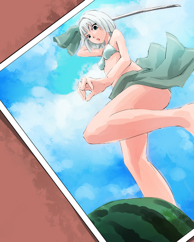 dain, konpaku youmu, touhou, bad id, bad pixiv id, 1girl, bikini, blue eyes, female focus, food, fruit, katana, outdoors, photo (object), short hair, skirt, sky, solo, swimsuit, sword, watermelon, weapon, white hair
