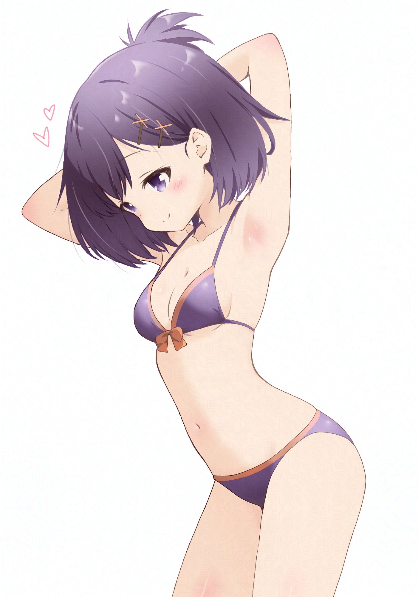 hitorilily, vignette tsukinose april, gabriel dropout, highres, 1girl, armpits, arms behind head, arms up, bare arms, bare legs, bare shoulders, bikini, blush, breasts, cleavage, closed mouth, collarbone, cowboy shot, hair ornament, hairclip, medium breasts, medium hair, navel, purple bikini, purple eyes, purple hair, short hair, simple background, solo, stomach, swimsuit, thighs, white background, x hair ornament