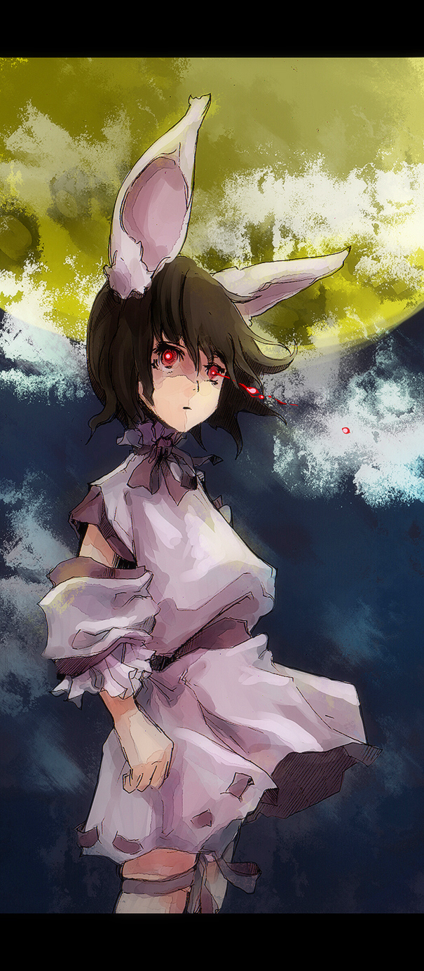 dain, inaba tewi, touhou, bad id, bad pixiv id, highres, 1girl, animal ears, brown hair, detached sleeves, female focus, letterboxed, moon, rabbit ears, red eyes, short hair, solo, standing