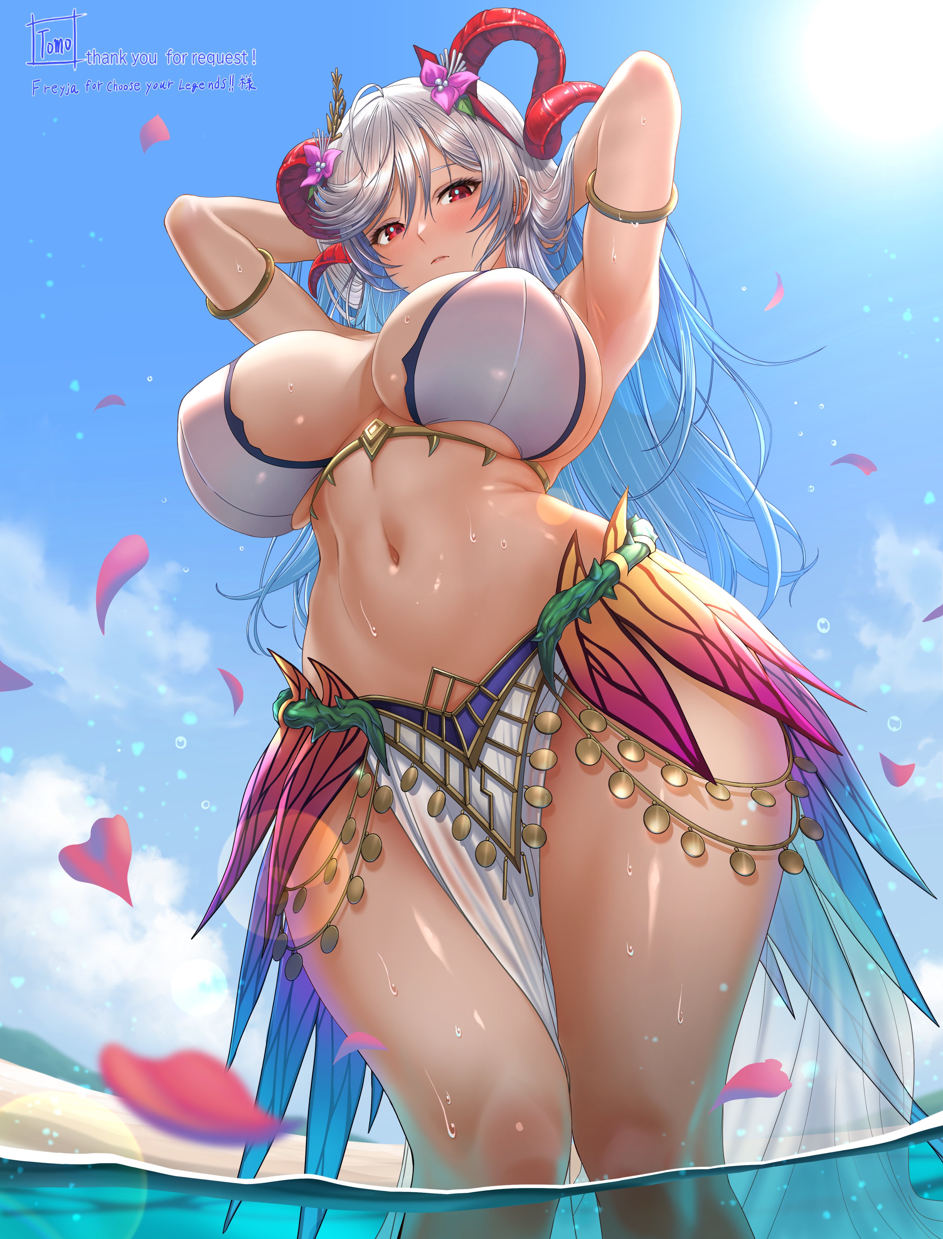tomo eokaiteru, freyja (fire emblem), freyja (summer) (fire emblem), fire emblem, fire emblem heroes, nintendo, gold armlet, absurdres, commission, highres, second-party source, 1girl, armlet, armpits, arms up, beach, bikini, blue hair, blue sky, blush, breasts, curled horns, expressionless, flower, from below, goat horns, gold horns, grey hair, hair flower, hair ornament, horns, huge breasts, jewelry, large horns, long hair, looking at viewer, looking down, multicolored hair, navel, ocean, official alternate costume, outdoors, petals, red eyes, red horns, sky, solo, stomach, swimsuit, thick thighs, thighs, water, wet, white bikini, wide hips