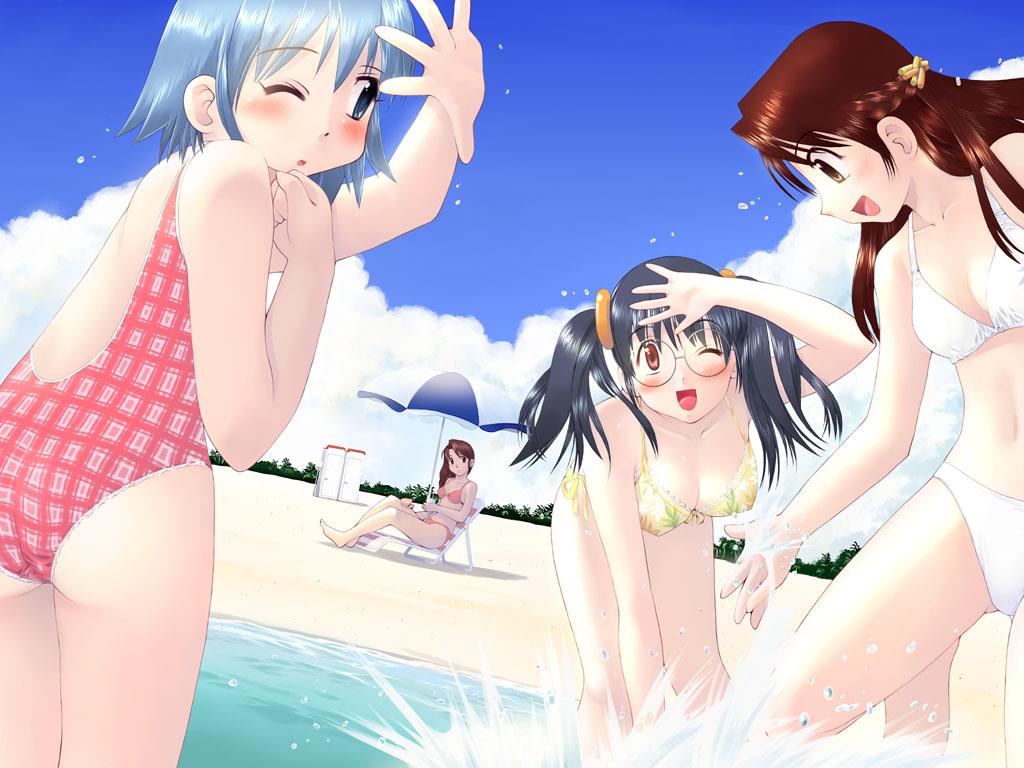 4girls, beach, bikini, day, glasses, multiple girls, one eye closed, outdoors, splashing, swimsuit, water, wink