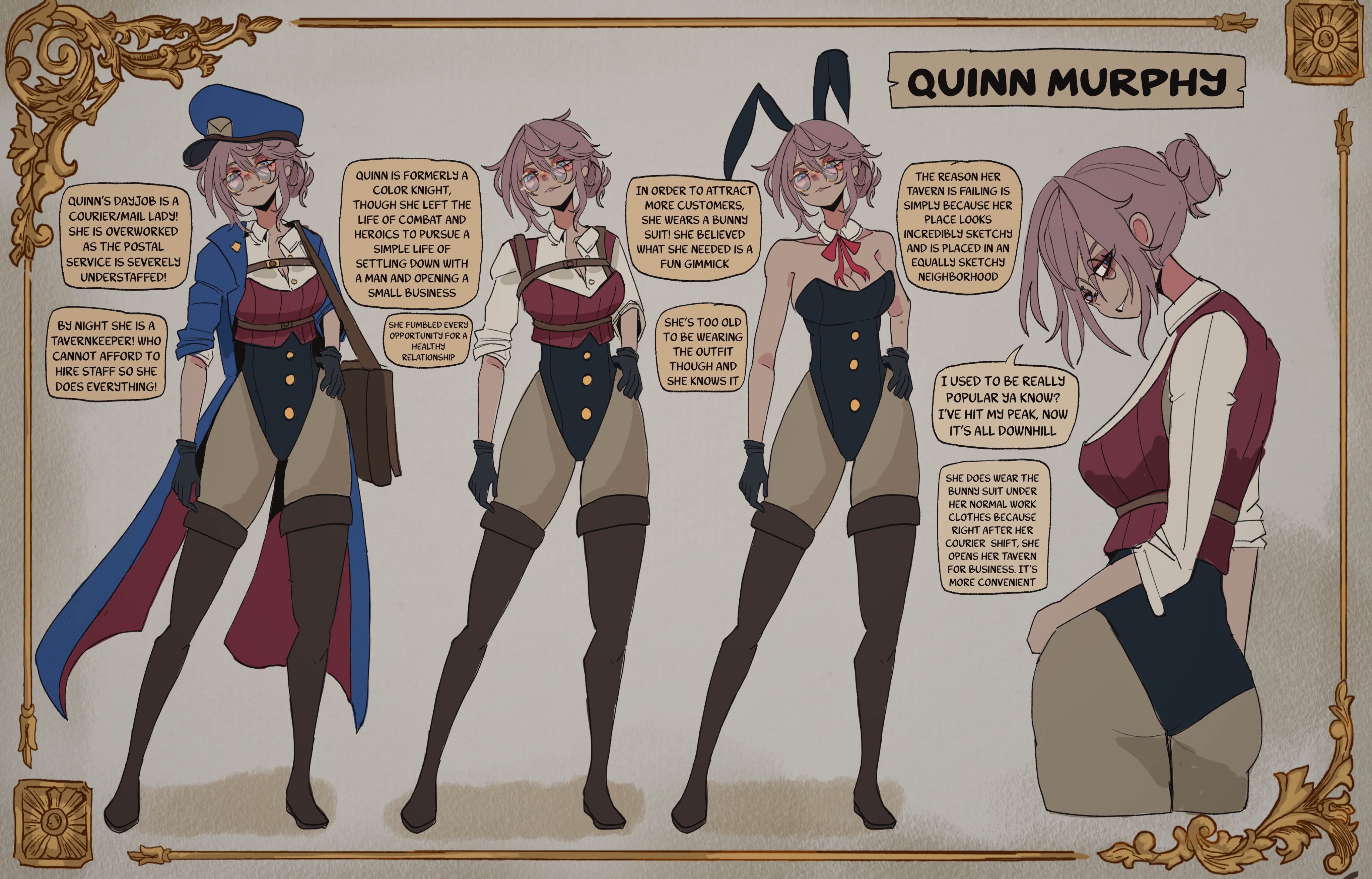 basedbinkie, original, absurdres, highres, 1girl, black gloves, black leotard, blouse, blue coat, blue hat, boots, breasts, brown boots, buttons, character name, cleavage, coat, detached collar, english text, glasses, gloves, grey hair, grey pantyhose, hat, leotard, leotard under clothes, mole, multiple views, pantyhose, peaked cap, playboy bunny, quinn murphy (basedbinkie), red ribbon, red sweater vest, reference sheet, ribbon, round eyewear, shirt, speech bubble, sweater vest, thigh boots, white shirt, wing collar