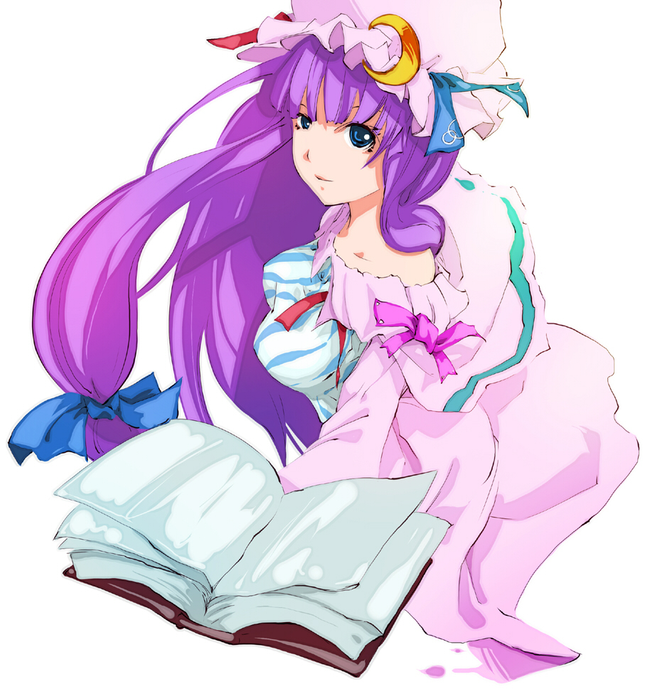 dain, patchouli knowledge, touhou, bad id, bad pixiv id, 1girl, blue eyes, book, bow, breasts, crescent hat ornament, female focus, hair ribbon, hat, hat ornament, large breasts, long hair, pink bow, purple hair, ribbon, solo