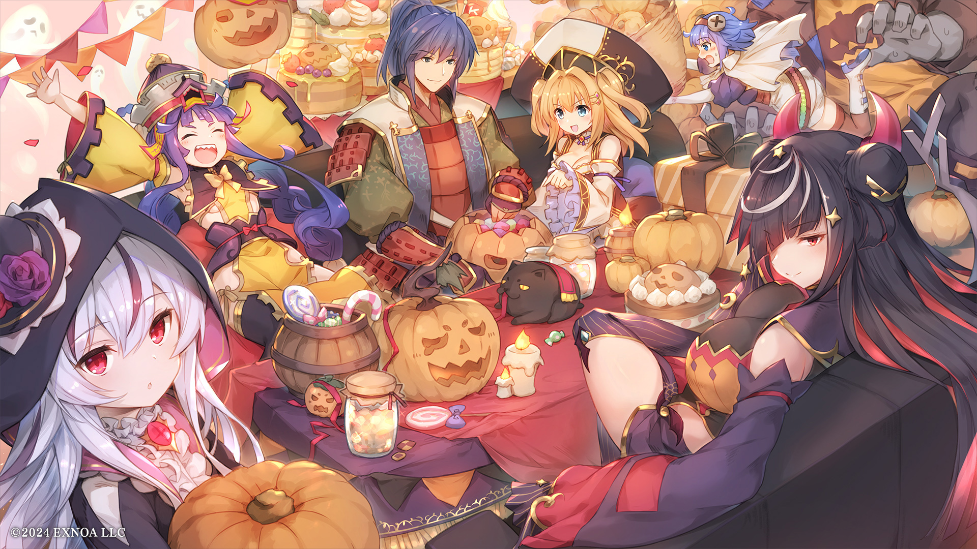 dmm, lord (oshiro project), oshiro project:re, highres, official art, 1boy, 5girls, arm guards, black hair, blonde hair, blue eyes, blue hair, breasts, candle, candy, cleavage, closed eyes, detached sleeves, food, gift, hair over one eye, halloween, halloween bucket, jack-o'-lantern, jar, large breasts, looking at viewer, multiple girls, pumpkin, red eyes, sitting, smile, teeth, thighs, tripping, upper teeth only, white hair