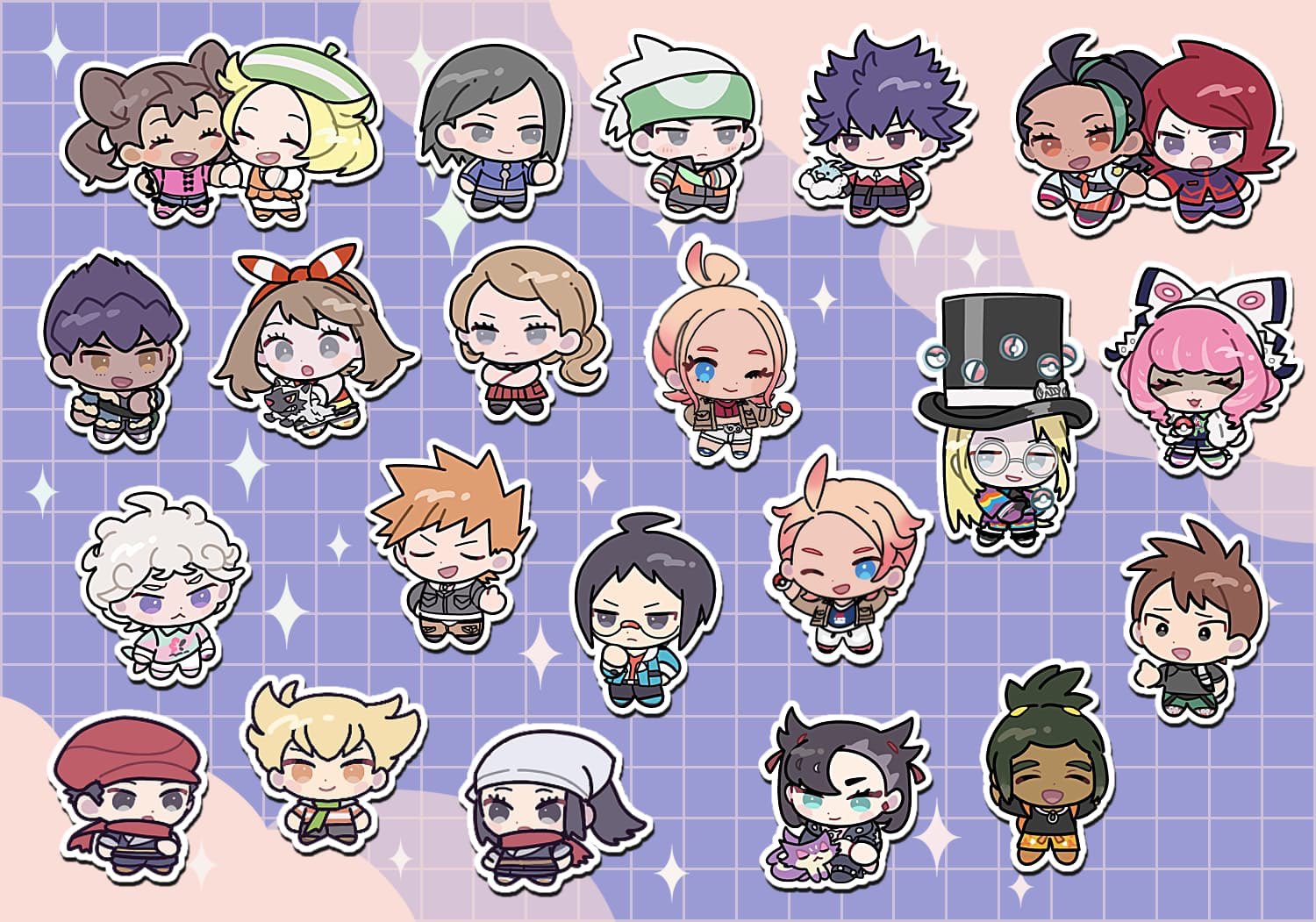 eneko (olavcnkrpucl16a), akari (pokemon), avery (pokemon), barry (pokemon), bede (pokemon), bianca (pokemon), blue oak, brendan (pokemon), calem (pokemon), cheren (pokemon), hau (pokemon), hop (pokemon), hugh (pokemon), klara (pokemon), marnie (pokemon), may (pokemon), nemona (pokemon), poochyena, purrloin, rei (pokemon), serena (pokemon), shauna (pokemon), silver (pokemon), swablu, taunie (pokemon), trace (pokemon), urbain (pokemon), nintendo, pokemon, pokemon bw, pokemon bw2, pokemon dppt, pokemon emerald, pokemon hgss, pokemon legends: arceus, pokemon legends: z-a, pokemon lgpe, pokemon oras, pokemon rse, pokemon sm, pokemon sv, pokemon swsh, pokemon xy, 6+boys, 6+girls, :<, :d, ;), ahoge, beanie, black hair, black hat, black shirt, blonde hair, blue eyes, blue jacket, bow hairband, brown hair, chibi, chibi only, closed eyes, closed mouth, crossed arms, curly hair, dark-skinned male, dark skin, eyelashes, gen 3 pokemon, gen 5 pokemon, glasses, green hat, green scarf, grey eyes, hairband, hat, holding hands, jacket, multicolored hair, multiple boys, multiple girls, necktie, one eye closed, open clothes, open jacket, open mouth, outline, pink hair, poke ball, poke ball (basic), pokemon (creature), red hair, red hairband, red hat, red scarf, round eyewear, scarf, shirt, smile, sparkle, spiked hair, strap, streaked hair, telekinesis, top hat, white hairband