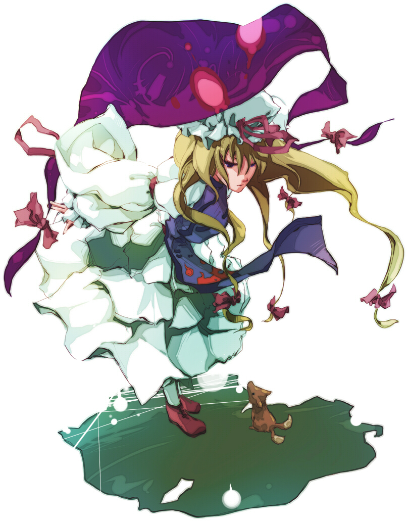 dain, yakumo yukari, touhou, bad id, bad pixiv id, 1girl, blonde hair, dress, female focus, full body, gap (touhou), hair ribbon, hat, long hair, ribbon, solo, white background