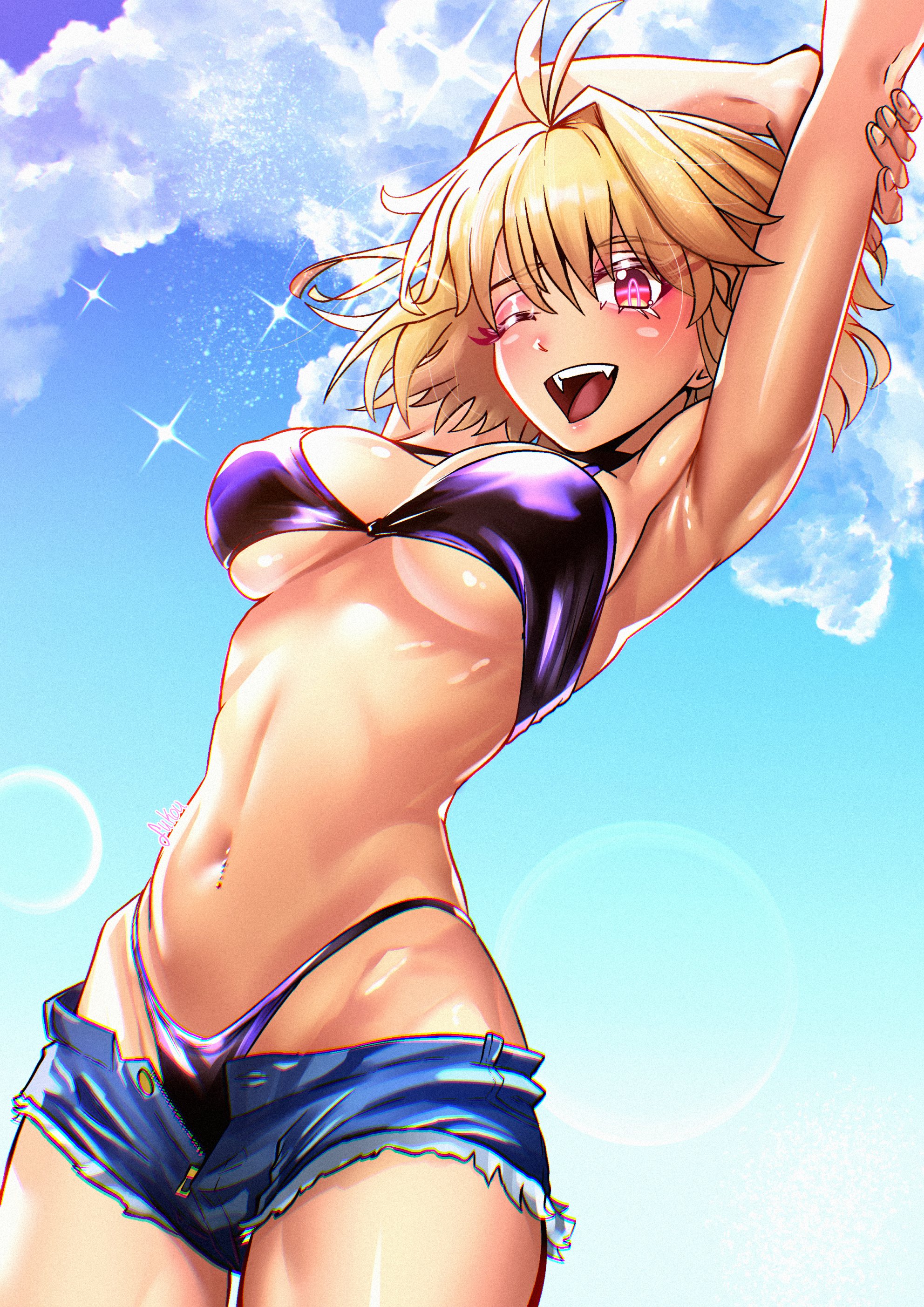 fukou, arcueid brunestud, tsukihime, absurdres, highres, 1girl, armpits, arms up, bare shoulders, bikini, blonde hair, blue shorts, blue sky, blush, breasts, cleavage, highleg, highleg bikini, large breasts, looking at viewer, navel, one eye closed, open mouth, purple bikini, red eyes, short hair, short shorts, shorts, sky, smile, solo, swimsuit
