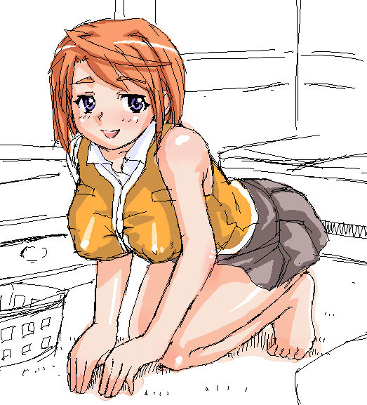 tokiha mai, my-hime, 00s, 1girl, ahoge, all fours, bare shoulders, barefoot, breasts, feet, female focus, kneeling, large breasts, oekaki, orange hair, orange shirt, purple eyes, red hair, school uniform, shirt, short hair, skirt, smile, solo