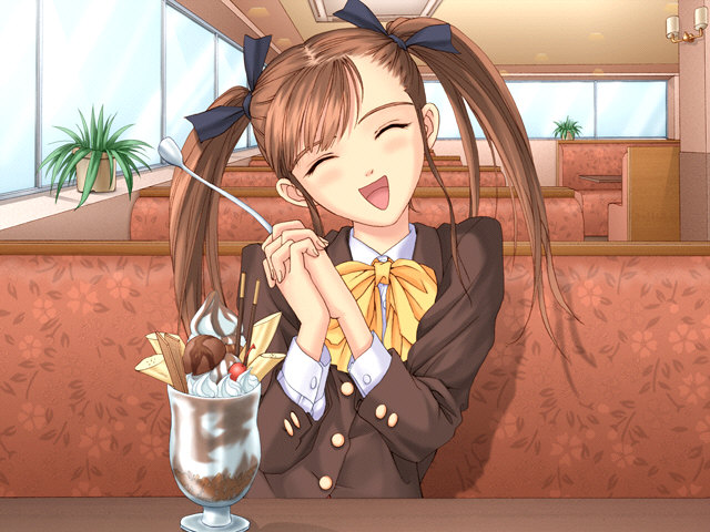 tony taka, morikawa minami, partner ~sekai de ichiban taisetsu na hito~, game cg, 1girl, brown hair, closed eyes, dessert, facing viewer, female focus, food, hair ribbon, happy, pocky, pov across table, pov dating, restaurant, ribbon, solo, spoon, twintails