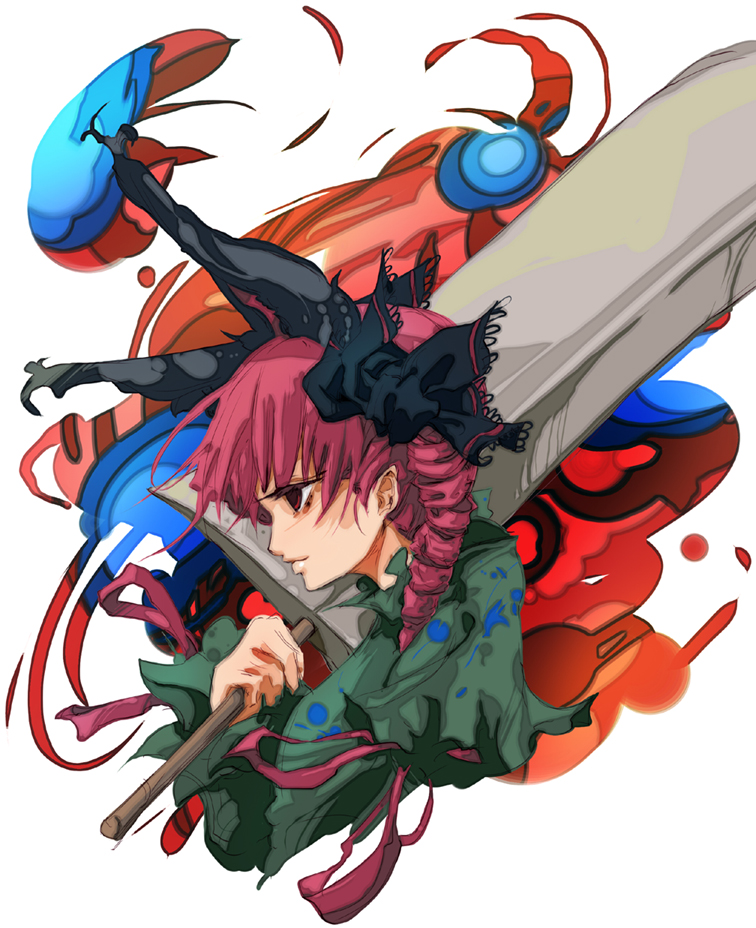 dain, kaenbyou rin, touhou, bad id, bad pixiv id, 1girl, animal ears, braid, cat ears, cat girl, drill hair, female focus, red eyes, red hair, ribbon, solo, sword, twin braids, weapon, white background