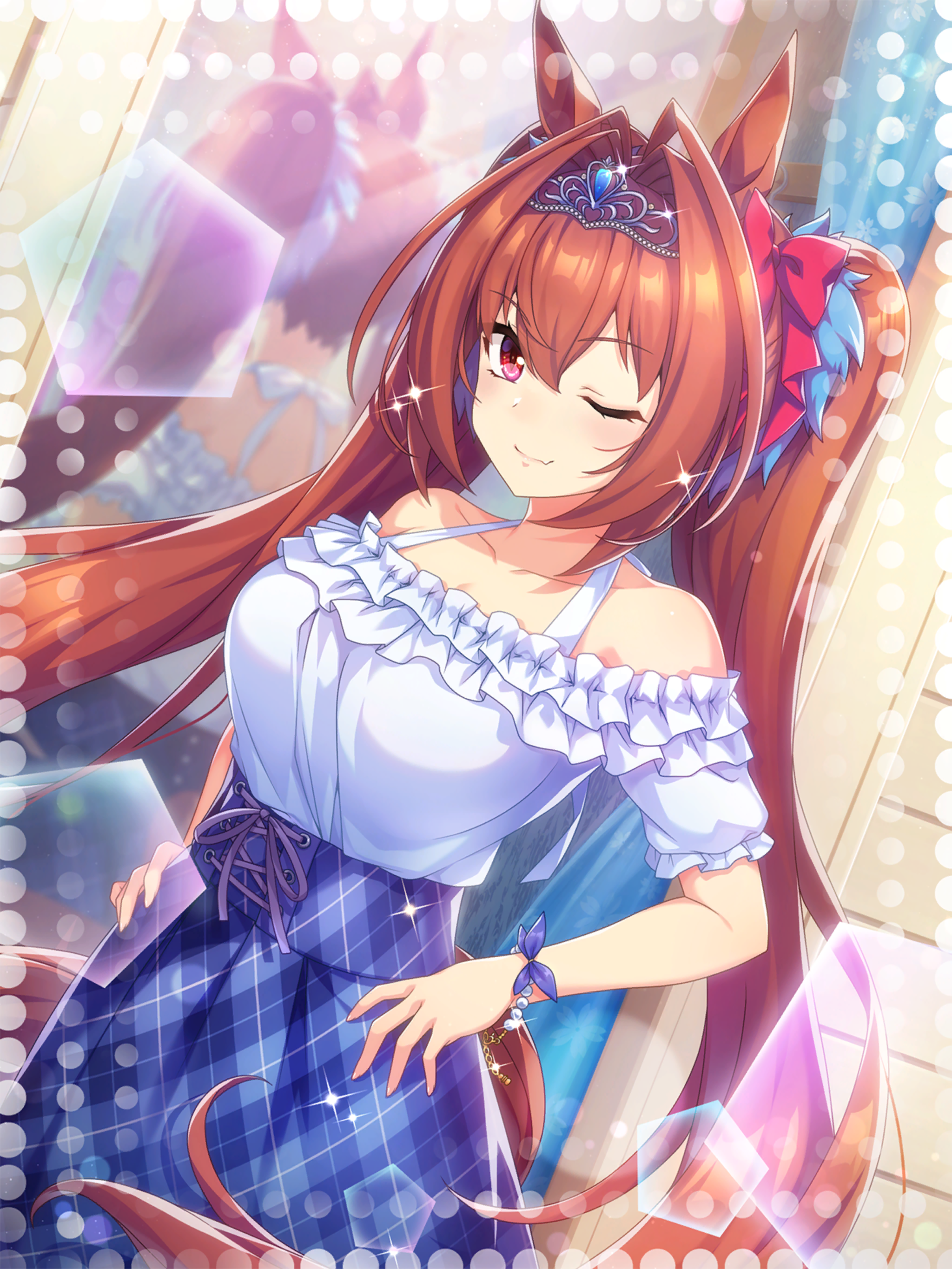 daiwa scarlet (casual) (umamusume), daiwa scarlet (umamusume), umamusume, absurdres, game cg, highres, official art, 1girl, animal ears, bare shoulders, blue eyes, blue skirt, breasts, brown hair, brown tail, cleavage, detached sleeves, female focus, frilled shirt, frilled sleeves, frills, hand on own hip, high-waist skirt, horse ears, horse girl, horse tail, large breasts, long hair, looking at viewer, mirror, no bra, one eye closed, plaid clothes, plaid skirt, red eyes, shirt, short sleeves, skirt, solo, solo focus, tail, twintails, very long hair, white shirt, wink