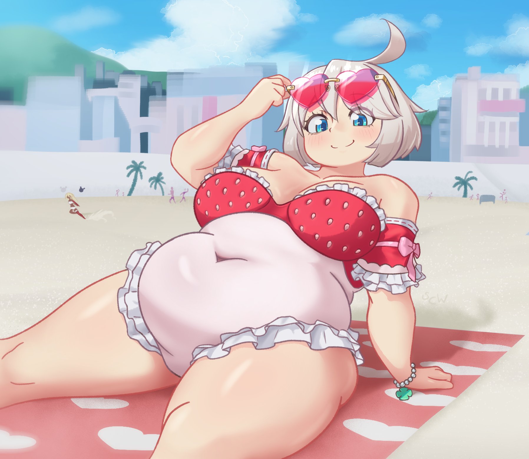 scarlet evergleam, elphelt valentine, ramlethal valentine, guilty gear, 2girls, ahoge, armband, beach, beach towel, belly, big belly, blue eyes, blush, bracelet, breasts, charm (object), clover, covered navel, fat, fat woman, food print, four-leaf clover, frilled armband, frilled one-piece swimsuit, frills, fruit print, heart, heart-shaped eyewear, jewelry, large breasts, leaning back, multiple girls, one-piece swimsuit, outdoors, pearl bracelet, plump, red-tinted eyewear, red one-piece swimsuit, short hair, sitting, sky, smile, strawberry print, sunglasses, sunglasses on head, swimsuit, thick thighs, thighs, tinted eyewear, towel, white hair, white one-piece swimsuit