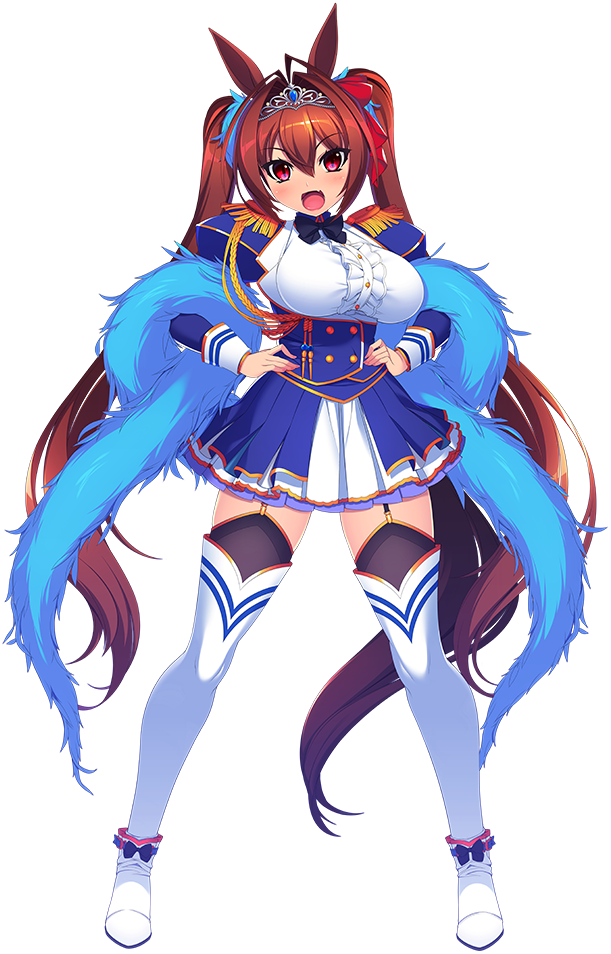 daiwa scarlet (peak blue) (umamusume), daiwa scarlet (umamusume), umamusume, highres, official art, 1girl, aiguillette, animal ears, black bow, black bowtie, black socks, black thighhighs, blue dress, blue skirt, blush, boots, bowtie, breasts, brown eyes, brown tail, buttons, center frills, dot nose, dress, epaulettes, fangs, female focus, frills, full body, garter belt, garter straps, hair between eyes, hair intakes, hand on own hip, horse ears, horse girl, horse tail, large breasts, layered dress, layered skirt, long hair, long sleeves, looking at viewer, miniskirt, official alternate costume, open mouth, red eyes, silver tiara, skirt, socks, solo, solo focus, tail, teeth, thigh boots, thighhighs, tiara, twintails, upper teeth only, very long hair, white boots, white dress, white thighhighs