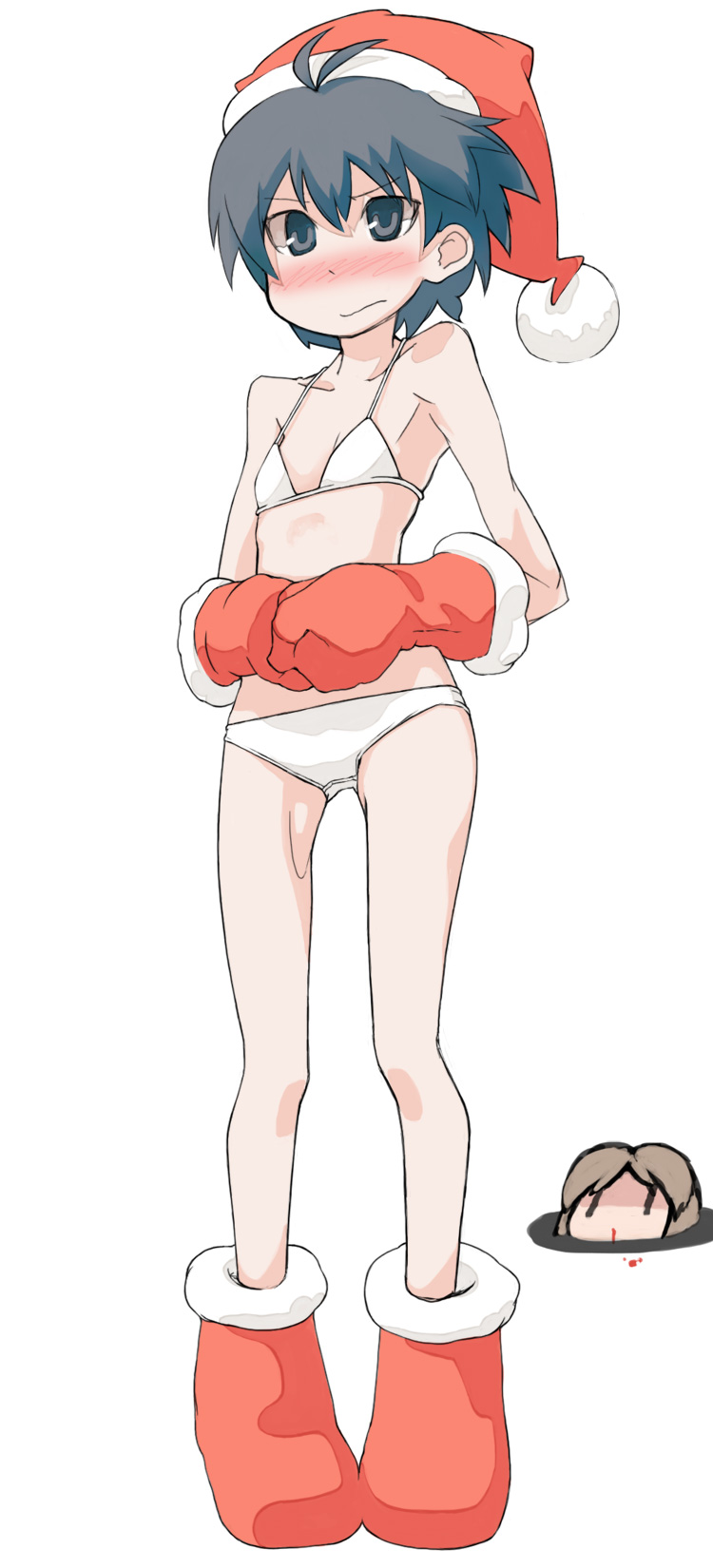 tugeneko, hagiwara yukiho, kikuchi makoto, idolmaster, idolmaster (classic), idolmaster 1, highres, 00s, 2girls, bikini, blood, blush, chibi, chibi inset, christmas, flat chest, gloves, hat, mittens, multiple girls, nosebleed, red mittens, santa bikini, santa costume, santa hat, short hair, solo focus, swimsuit