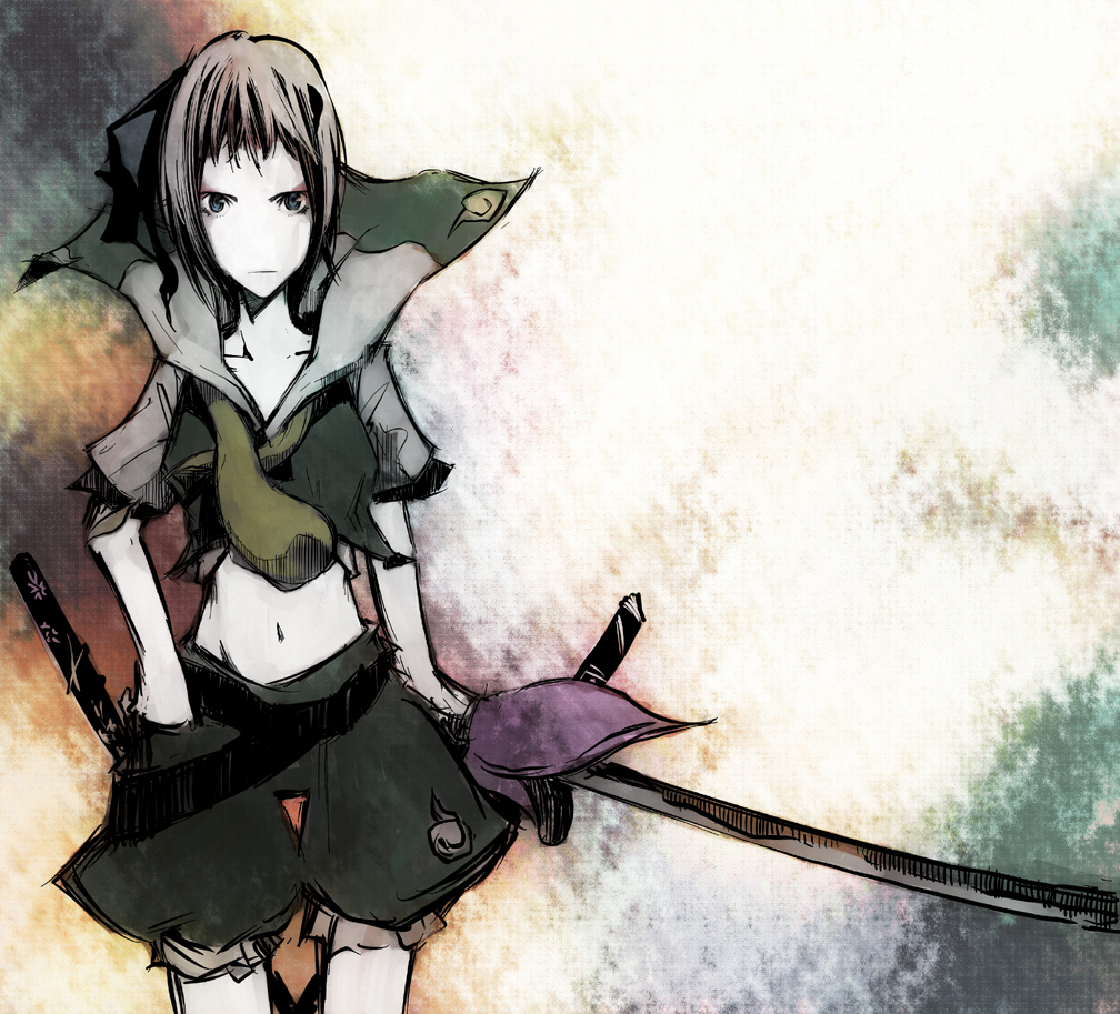 dain, konpaku youmu, touhou, silver hair, 1girl, blue eyes, female focus, gradient background, katana, midriff, navel, short hair, shorts, solo, sword, weapon