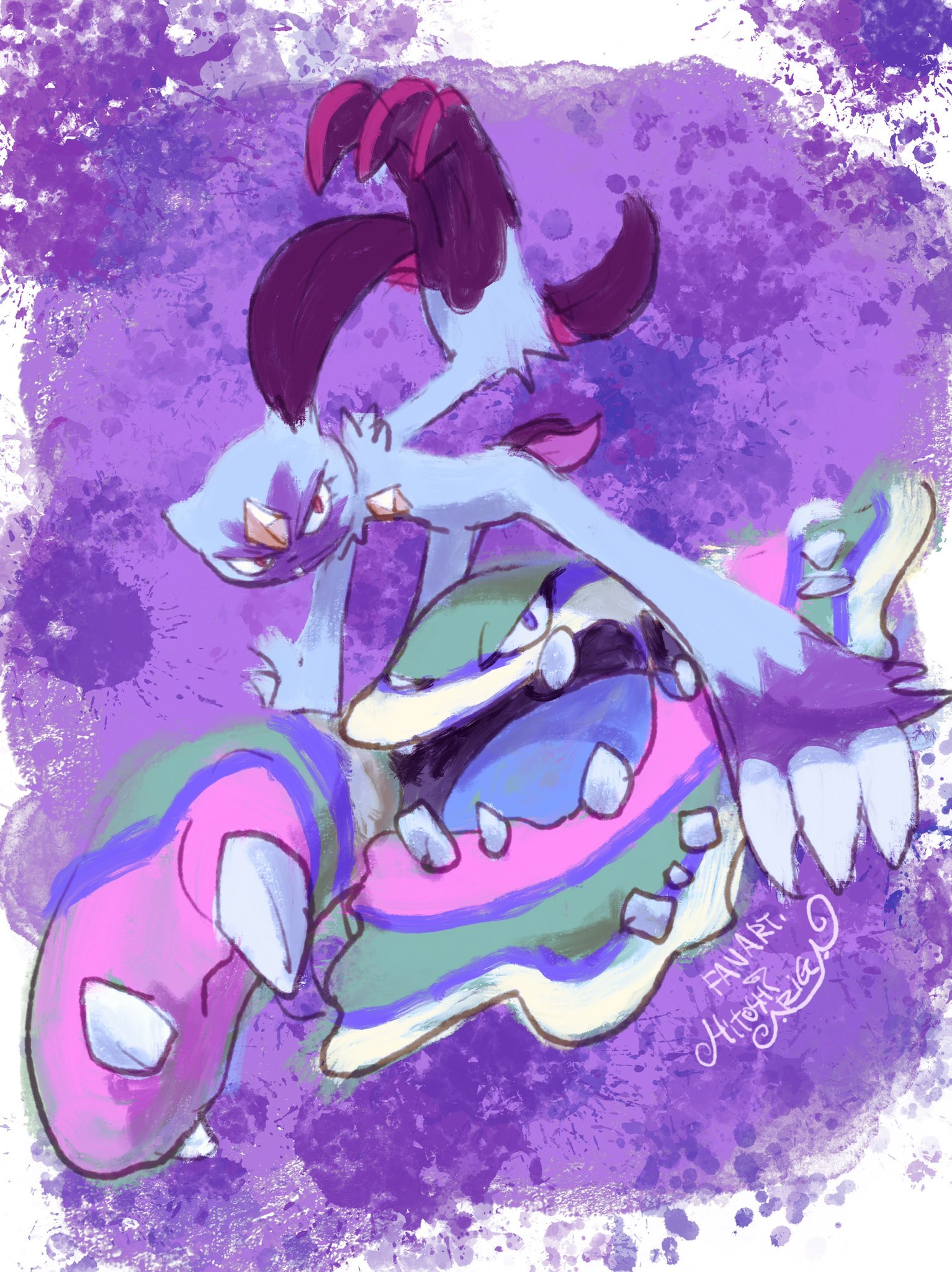 ariga hitoshi, alolan muk, sneasler, nintendo, pokemon, commentary request, highres, alolan form, arm up, bent over, claws, closed mouth, fang, fang out, gen 7 pokemon, open mouth, pokemon (creature), pokemon focus, red eyes, signature, tongue