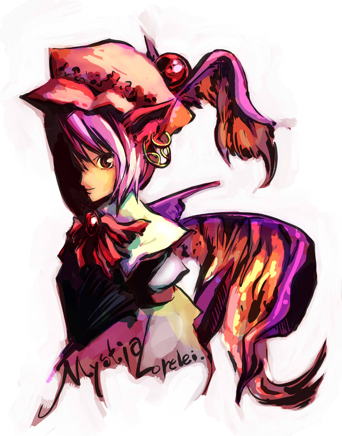 dain, mystia lorelei, touhou, 1girl, earrings, female focus, hat, jewelry, pink hair, short hair, solo, upper body, white background, wings