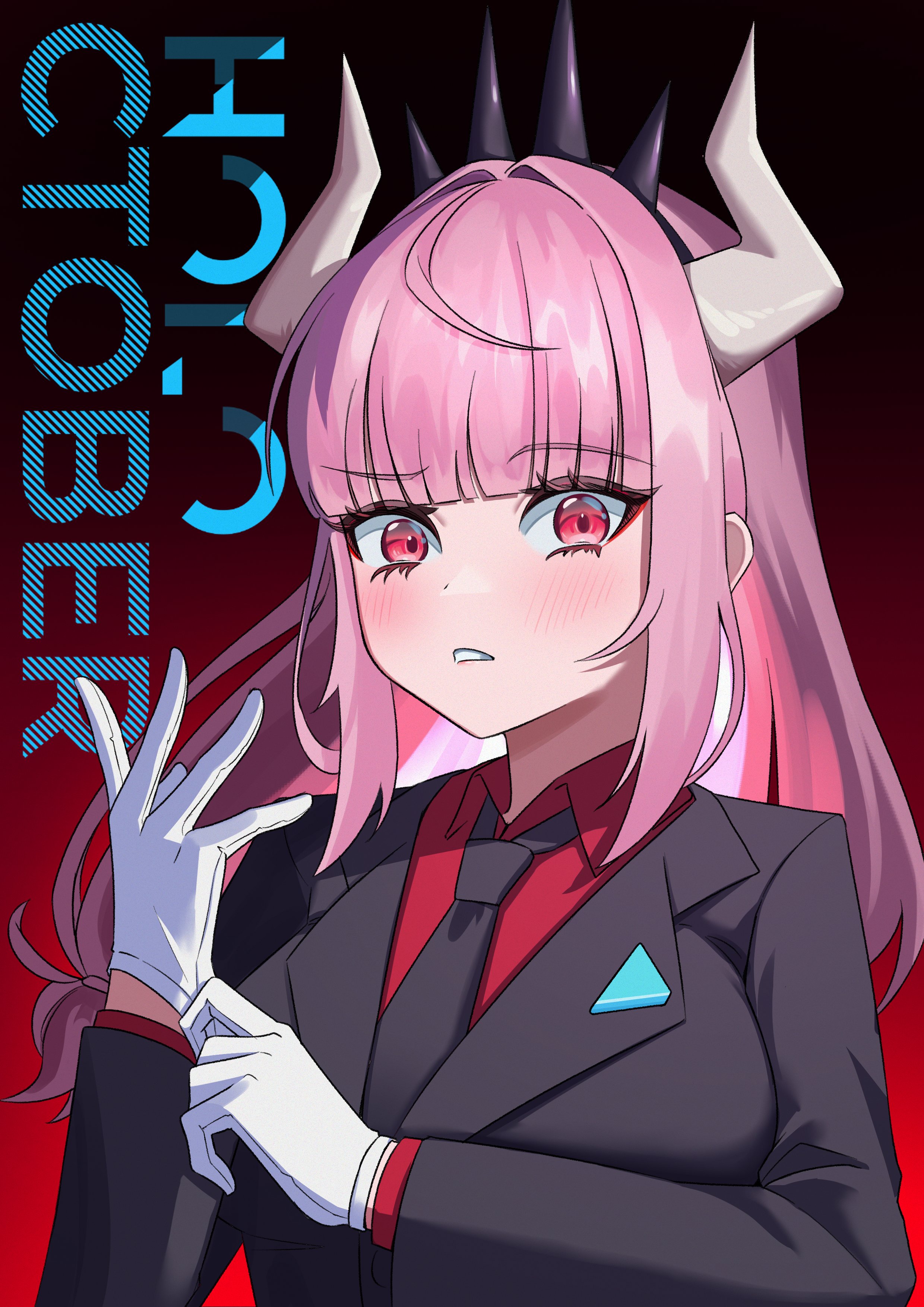 lucifer (helltaker), mori calliope, helltaker, hololive, hololive english, absurdres, highres, 1girl, adjusting clothes, adjusting gloves, alternate costume, black jacket, black necktie, blush, breasts, cosplay, demon girl, demon horns, formal clothes, gloves, horns, jacket, large breasts, long hair, long sleeves, looking at viewer, lucifer (helltaker) (cosplay), necktie, pink eyes, pink hair, red eyes, red shirt, shirt, simple background, solo, specwamen, suit, virtual youtuber, white horns