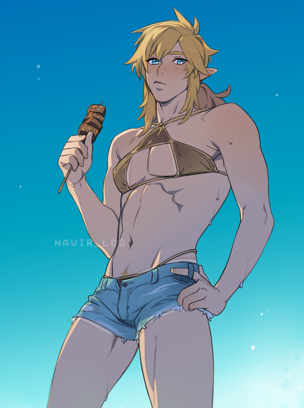 natural virtue, link, nintendo, the legend of zelda, commentary, english commentary, highres, 1boy, bikini, bikini tan, blonde hair, blue eyes, closed mouth, cowboy shot, crossdressing, crossdressing (mtf), denim, denim shorts, freckles, from below, hand on own hip, holding, looking at viewer, male focus, male pubic hair, navel, panties, pointy ears, pubic hair, pubic hair peek, short shorts, shorts, shorts tan, solo, swimsuit, tan, tanline, triforce, underwear, wet, yellow bikini