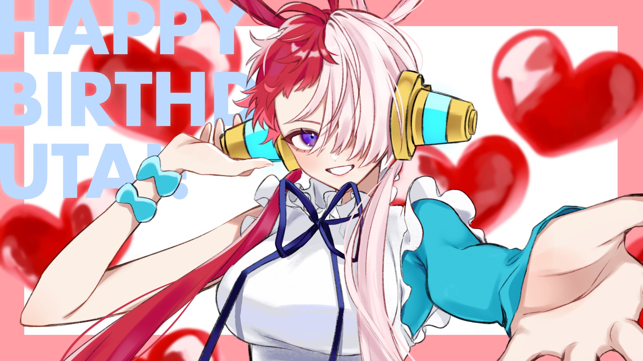 yanase rkgk, uta (one piece), one piece, one piece film: red, commentary request, highres, 1girl, asymmetrical bangs, birthday, bracelet, breasts, character name, dress, hair over one eye, happy birthday, headphones, heart, jewelry, large breasts, long hair, looking at viewer, multicolored hair, neck ribbon, outstretched hand, parted lips, purple eyes, red hair, ribbon, single sleeve, solo, two-tone hair, upper body, white dress, white hair