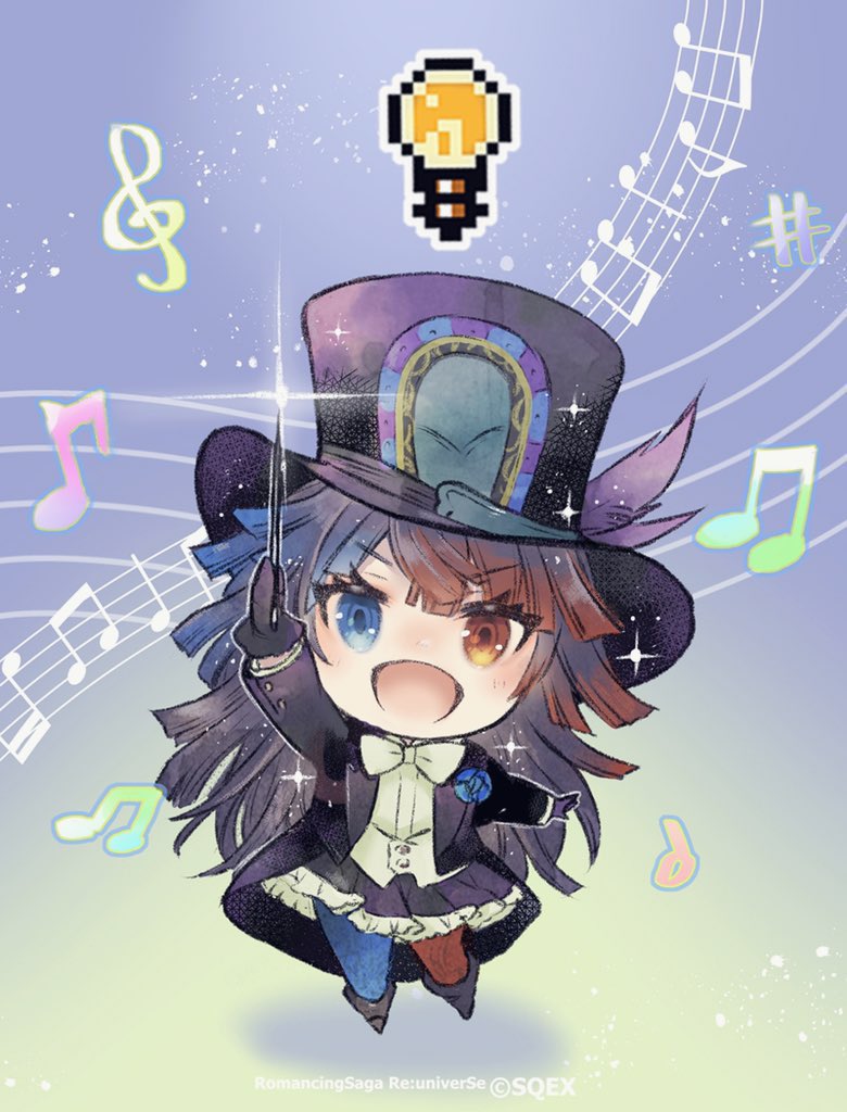 ren-co, romancing saga re;universe, saga, commentary request, 1girl, arm up, asymmetrical legwear, beamed eighth notes, beamed sixteenth notes, black gloves, black hair, black hat, black jacket, black skirt, blue background, blue eyes, blue flower, blue hair, blue rose, blunt ends, boots, bow, bowtie, chibi, chibi only, conductor baton, eighth note, flower, full body, gloves, gradient background, green background, hand up, hat, hat feather, heterochromia, holding baton, jacket, light bulb, long hair, long sleeves, looking at viewer, mismatched legwear, musical note, musical staff, open mouth, quarter note, red eyes, red hair, rose, sharp sign, shirt, skirt, smile, solo, sparkle, top hat, treble clef, white bow, white bowtie, white shirt