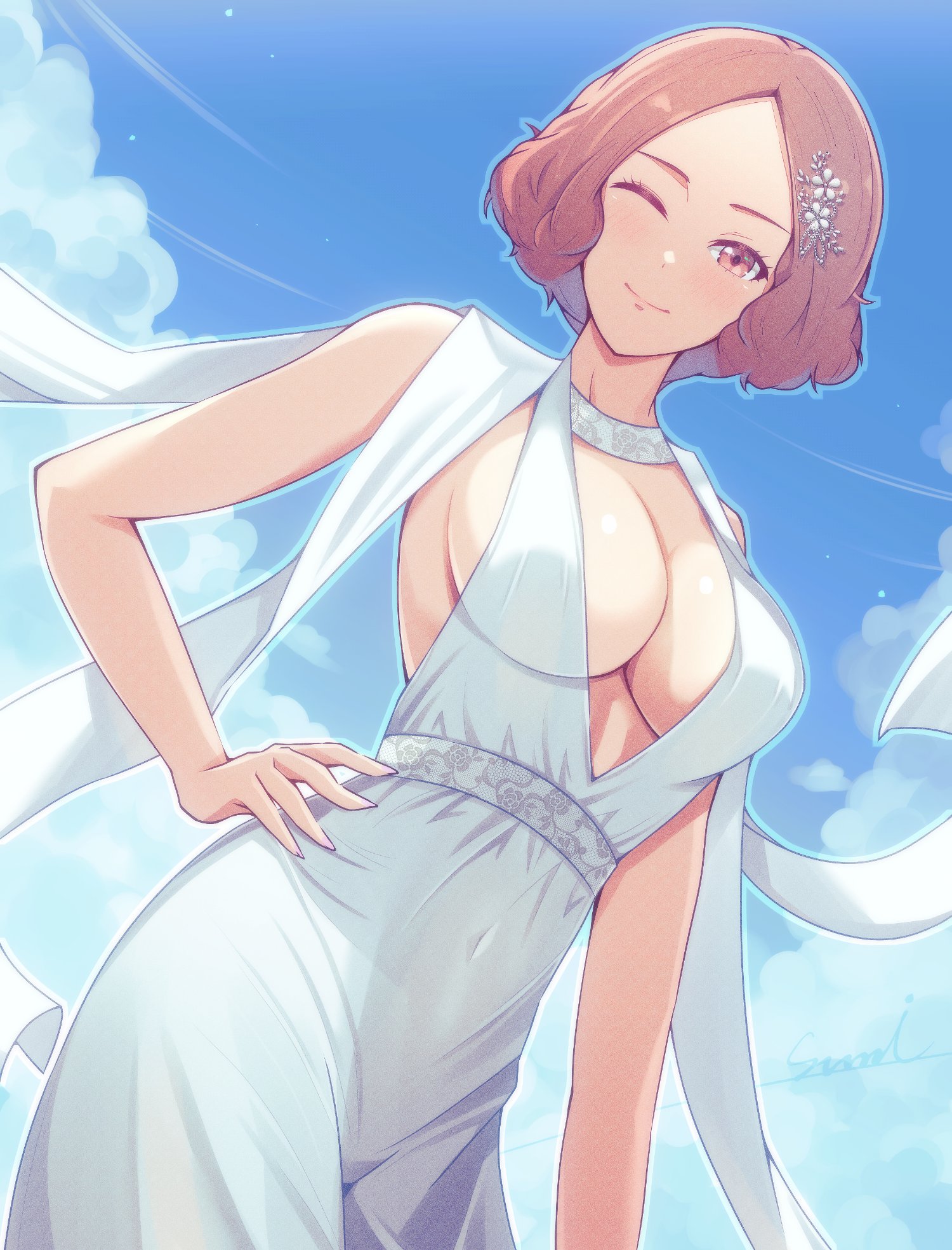 corner50777313, okumura haru, persona, persona 5, commentary request, highres, 1girl, alternate costume, bare shoulders, blue sky, breasts, brown eyes, brown hair, cleavage, closed mouth, cloud, cloudy sky, cowboy shot, dress, hair ornament, large breasts, looking at viewer, one eye closed, short hair, sky, smile, solo, white dress