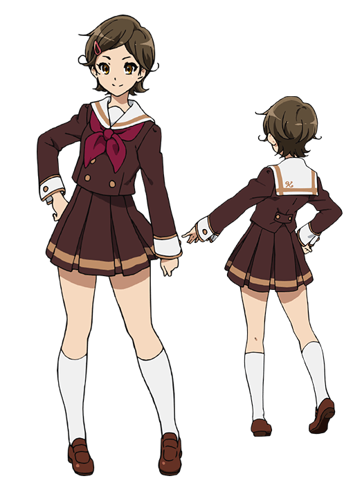 katou hazuki, hibike! euphonium, official art, second-party source, 1girl, brown eyes, brown hair, brown serafuku, brown shirt, brown skirt, closed mouth, full body, hair ornament, hairclip, hand on own hip, kitauji high school uniform, kneehighs, loafers, long sleeves, looking at viewer, multiple views, neckerchief, pleated skirt, red neckerchief, sailor collar, school uniform, serafuku, shirt, shoes, short hair, simple background, skirt, smile, socks, solo, standing, tachi-e, transparent background, turnaround, white sailor collar, white socks