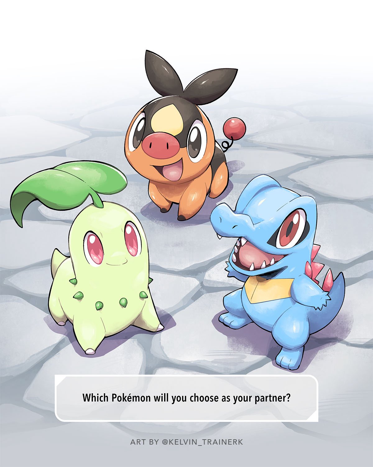 kelvin-trainerk, chikorita, tepig, totodile, nintendo, pokemon, commentary, highres, :d, closed mouth, english text, gen 2 pokemon, gen 5 pokemon, no humans, open mouth, pink eyes, pokemon (creature), pokemon focus, red eyes, sharp teeth, smile, standing, starter pokemon trio, teeth, tongue, twitter username