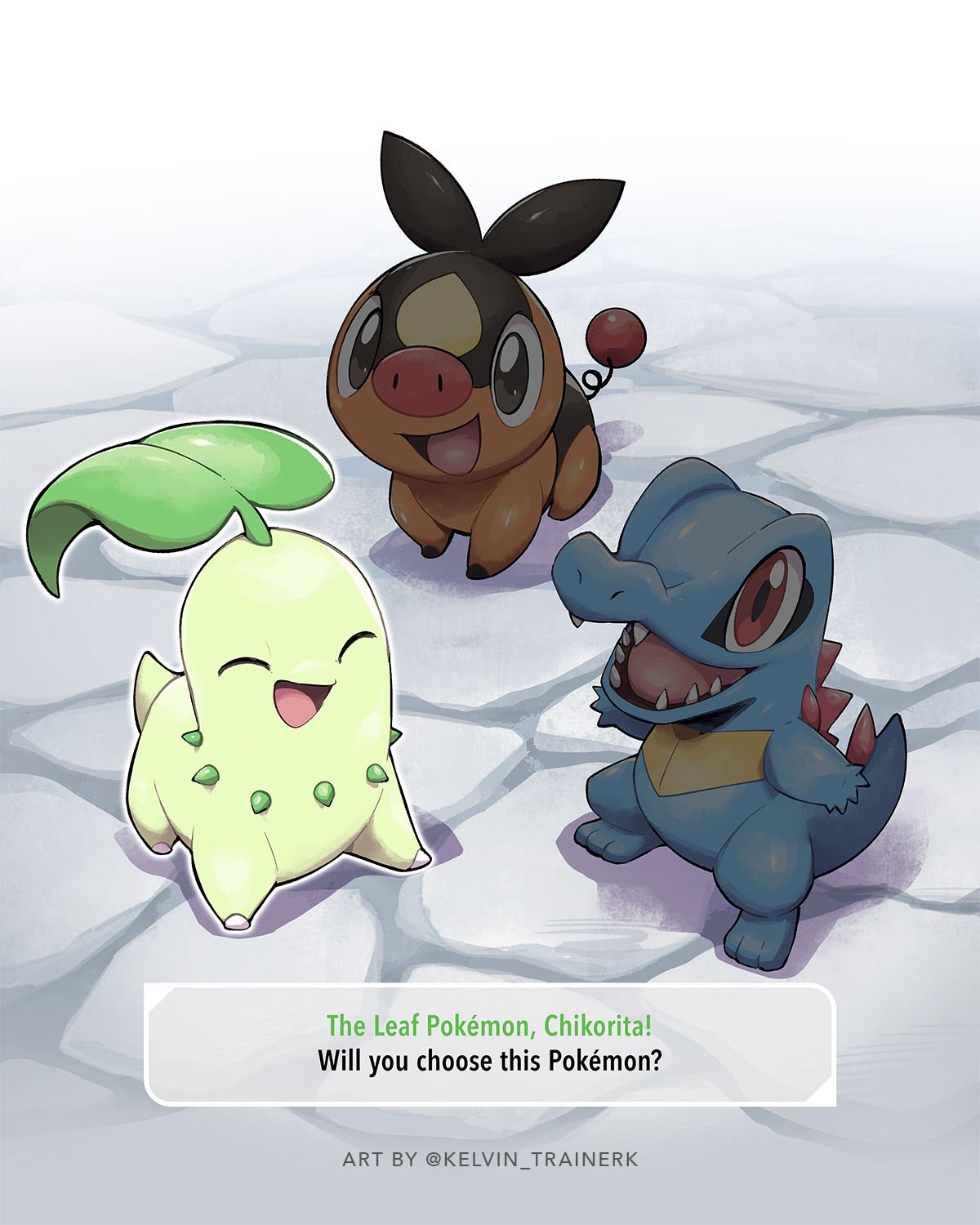 kelvin-trainerk, chikorita, tepig, totodile, nintendo, pokemon, commentary, highres, :d, closed eyes, english text, gen 2 pokemon, gen 5 pokemon, no humans, open mouth, pokemon (creature), pokemon focus, smile, standing, starter pokemon trio, tongue, twitter username