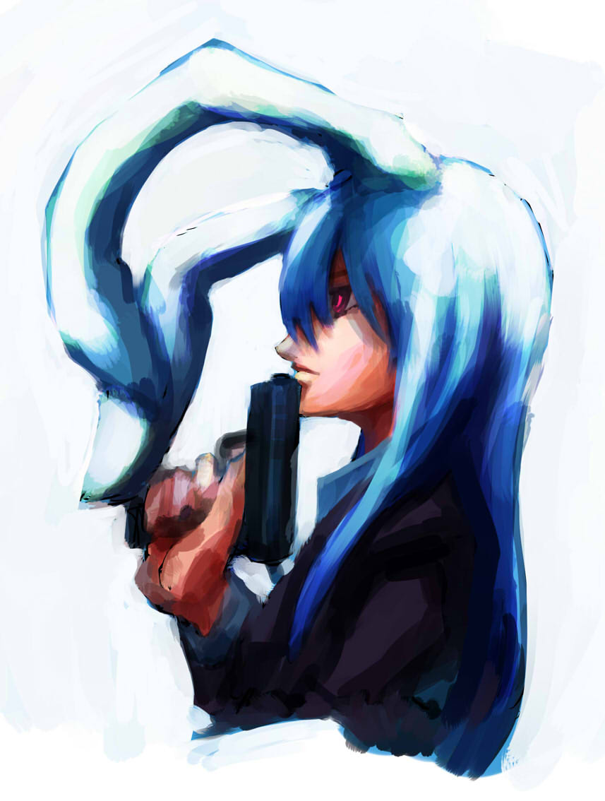 dain, reisen udongein inaba, touhou, 1girl, animal ears, blue hair, female focus, gun, handgun, long hair, pistol, rabbit ears, red eyes, solo, upper body, weapon, white background