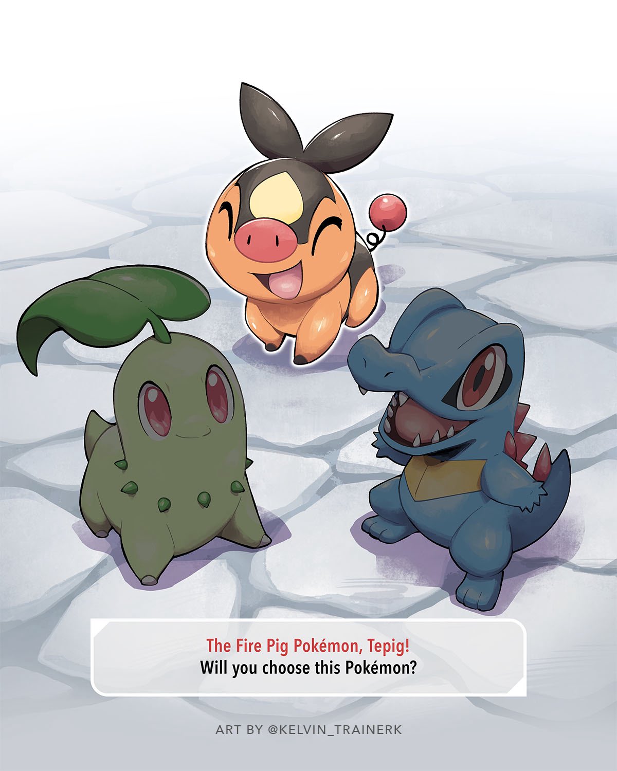 kelvin-trainerk, chikorita, tepig, totodile, nintendo, pokemon, commentary, highres, :d, closed eyes, english text, gen 2 pokemon, gen 5 pokemon, no humans, open mouth, pokemon (creature), pokemon focus, smile, standing, starter pokemon trio, tongue, twitter username