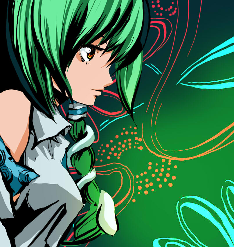 dain, kochiya sanae, touhou, 1girl, detached sleeves, female focus, gradient background, green hair, snake, solo, upper body
