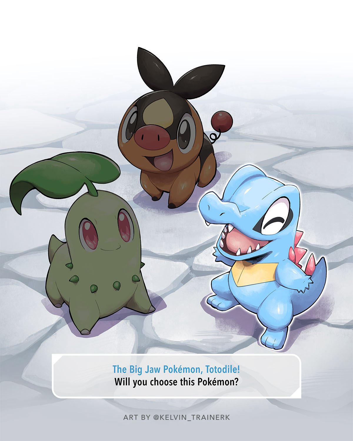 kelvin-trainerk, chikorita, tepig, totodile, nintendo, pokemon, commentary, highres, closed eyes, english text, gen 2 pokemon, gen 5 pokemon, no humans, open mouth, pokemon (creature), pokemon focus, sharp teeth, standing, starter pokemon trio, teeth, tongue, twitter username