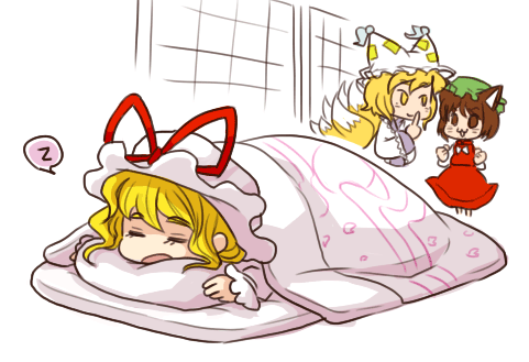 kty (04), chen, yakumo ran, yakumo yukari, touhou, lowres, 3girls, animal ears, blonde hair, brown hair, cat ears, cat girl, cat tail, chibi, female focus, fox tail, hat, multiple girls, ribbon, short hair, sleeping, tail
