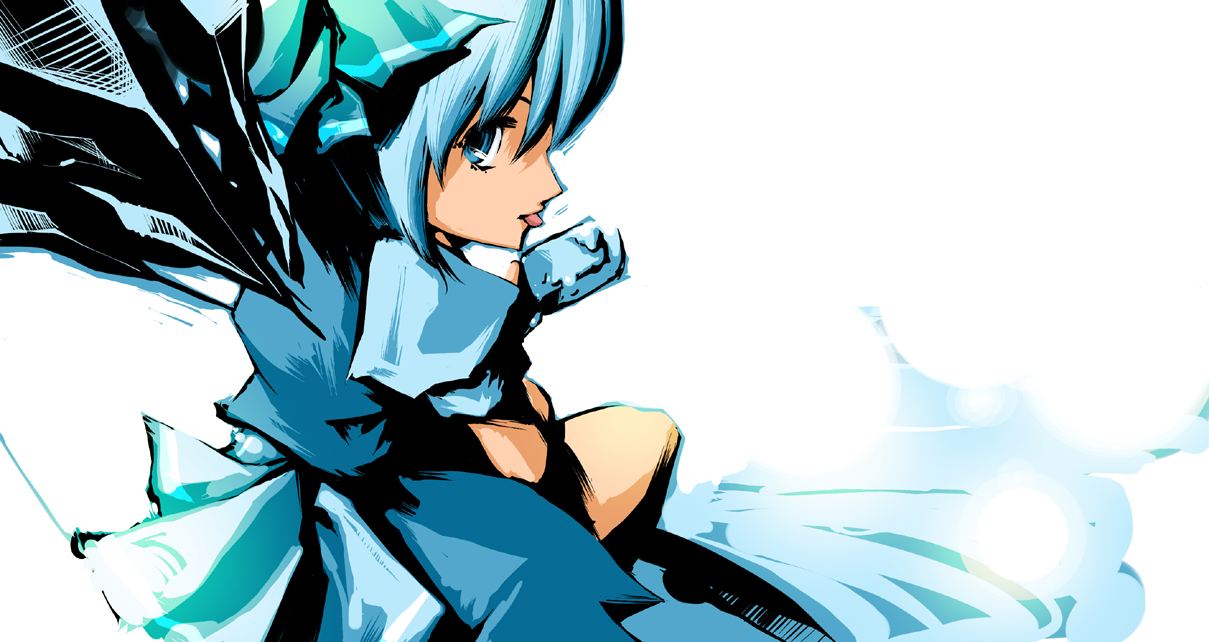 dain, cirno, embodiment of scarlet devil, touhou, 1girl, blue eyes, blue hair, dress, female focus, food, matching hair/eyes, popsicle, solo, white background, wings