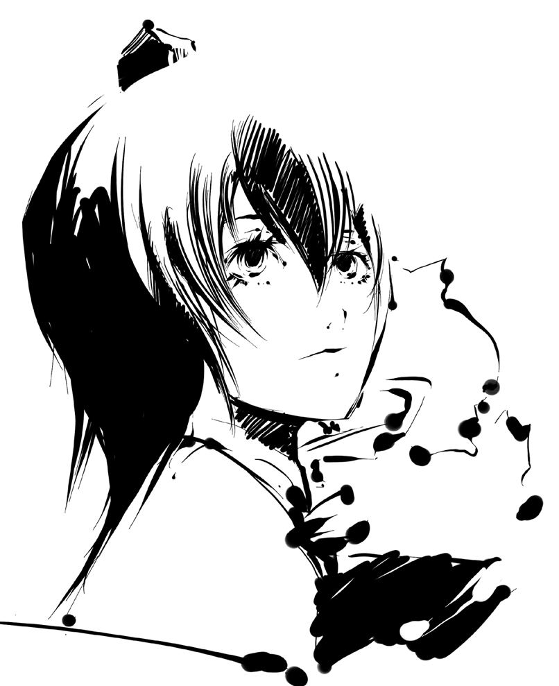 dain, shameimaru aya, touhou, looking away, 1girl, expressionless, female focus, greyscale, hat, looking up, monochrome, short hair, solo