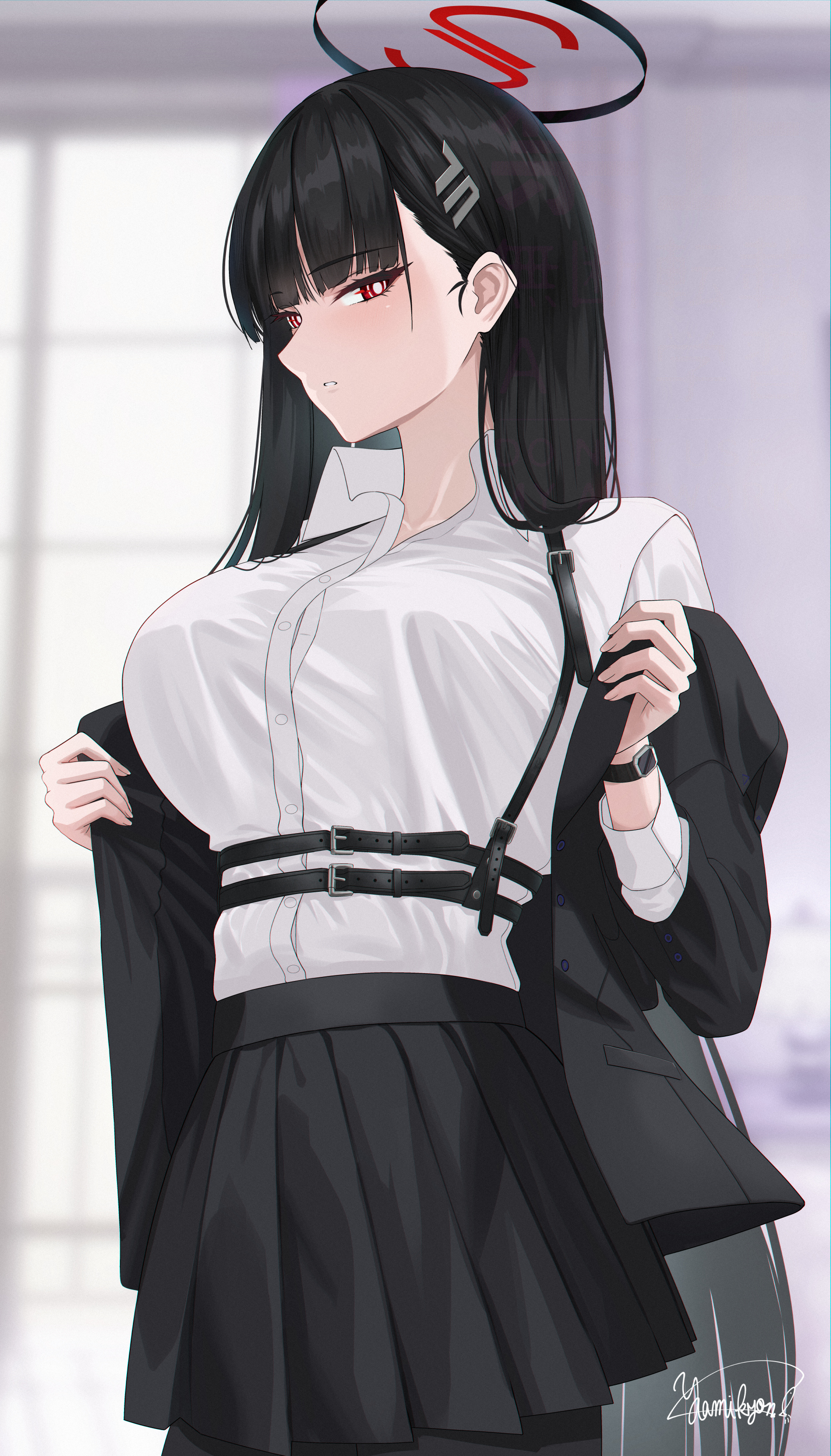 yamikyon, rio (blue archive), blue archive, absurdres, highres, 1girl, black hair, black jacket, black skirt, blush, breasts, chest harness, collared shirt, hair ornament, hairclip, halo, harness, jacket, large breasts, long hair, long sleeves, looking at viewer, off shoulder, red eyes, shirt, skirt, solo, white shirt