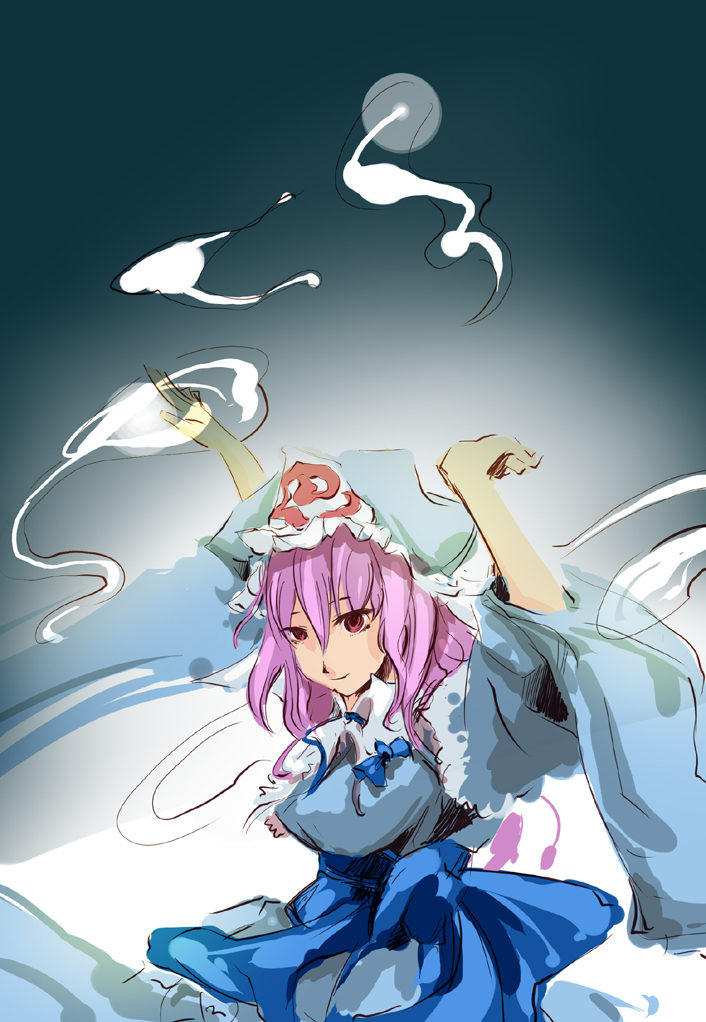 dain, saigyouji yuyuko, touhou, 1girl, breasts, dress, female focus, gradient background, hat, pink hair, solo, white background